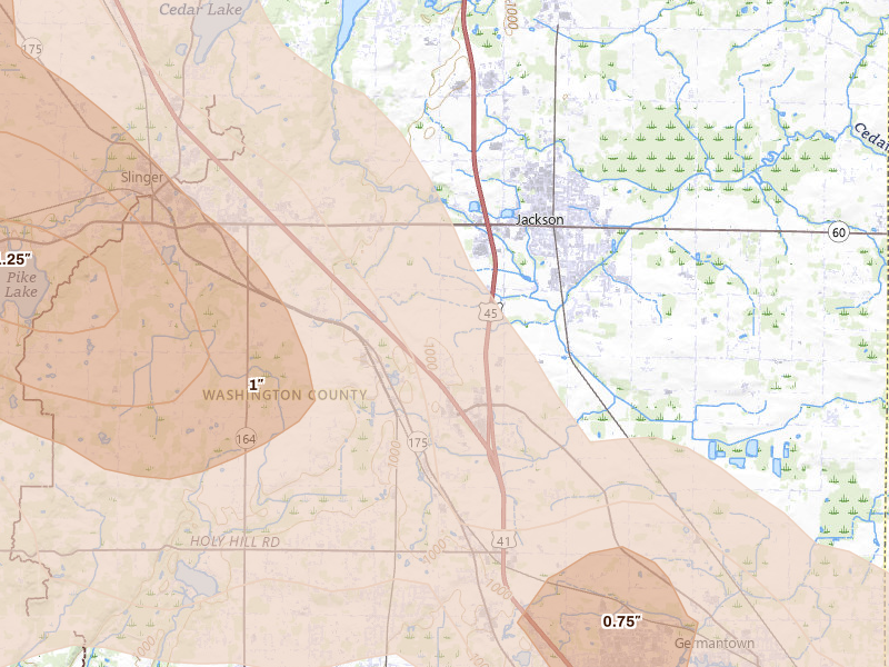 Radar-estimated hail-size map of the storm over Jackson, WI on Sep 3, 2026