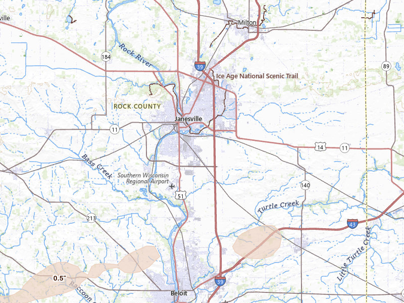 Radar-estimated hail-size map of the storm over Janesville, WI on Mar 10, 2026
