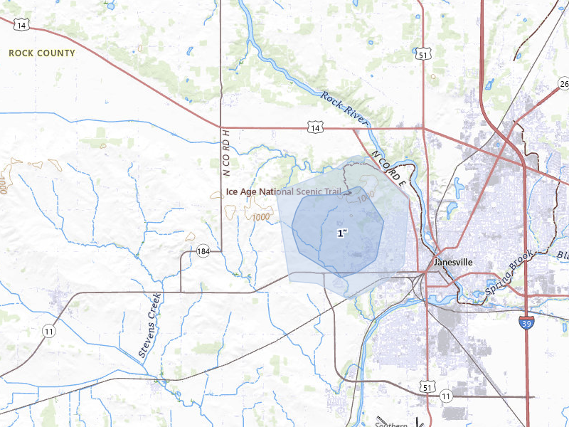NEXRAD radar-signature map of the hail storm over Janesville, WI on Apr 1, 2026