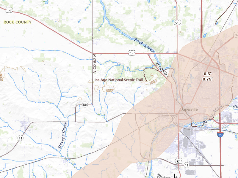 Radar-estimated hail-size map of the storm over Janesville, WI on Apr 2, 2026