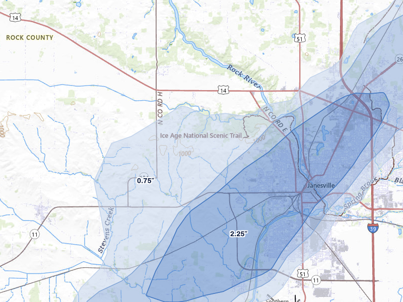 NEXRAD radar-signature map of the hail storm over Janesville, WI on Apr 2, 2026