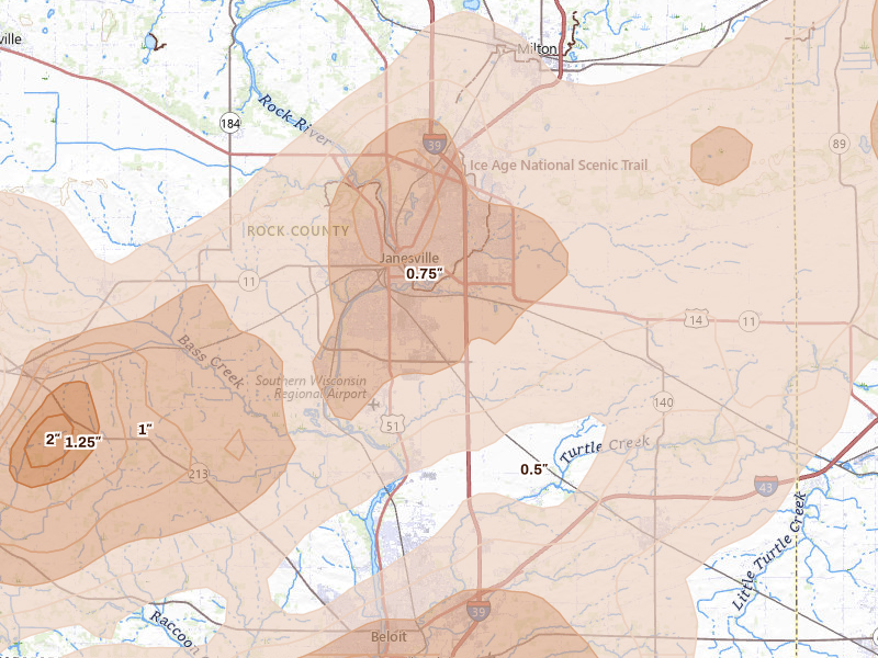 Radar-estimated hail-size map of the storm over Janesville, WI on Apr 17, 2026