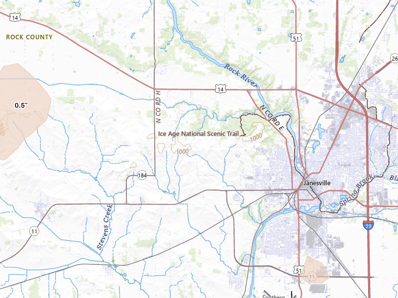 Radar-estimated hail-size map of the storm over Janesville, WI on Jun 10, 2026