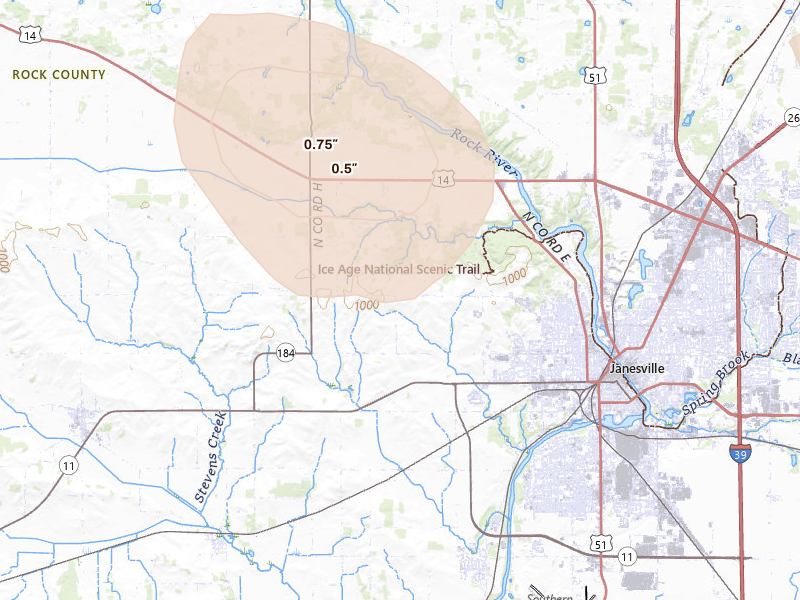Radar-estimated hail-size map of the storm over Janesville, WI on Jun 24, 2026