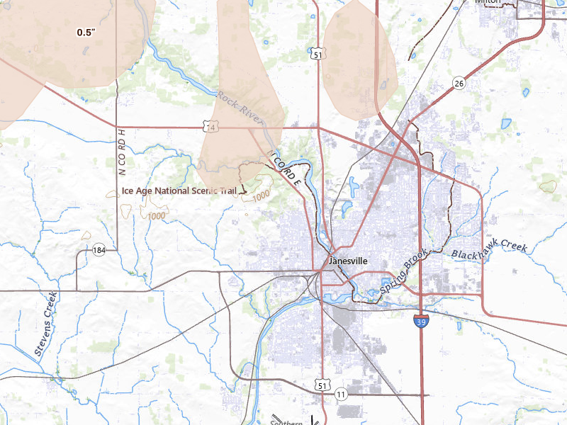 Radar-estimated hail-size map of the storm over Janesville, WI on Aug 9, 2026