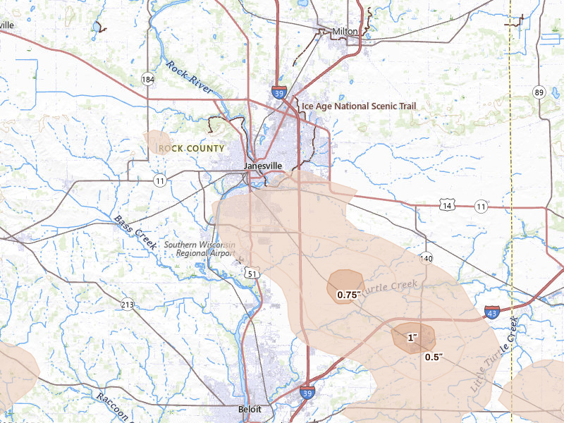Radar-estimated hail-size map of the storm over Janesville, WI on Aug 10, 2026