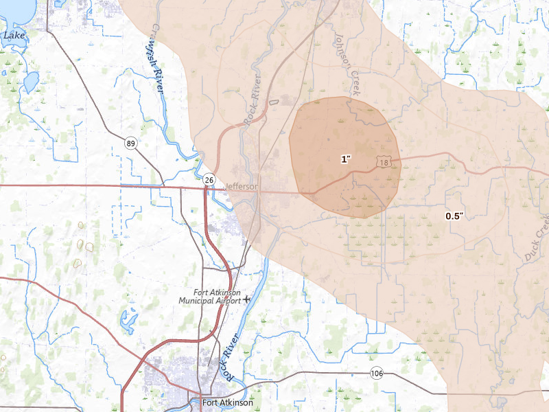 Radar-estimated hail-size map of the storm over Jefferson, WI on Jul 27, 2026