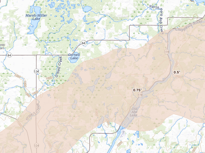 Radar-estimated hail-size map of the storm over Jim Falls, WI on Jun 9, 2026