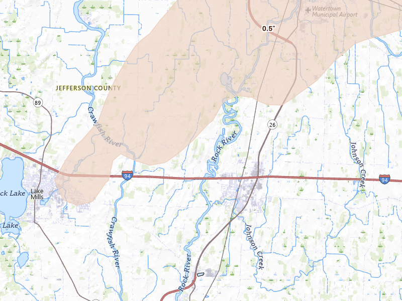 Radar-estimated hail-size map of the storm over Johnson Creek, WI on Apr 17, 2026