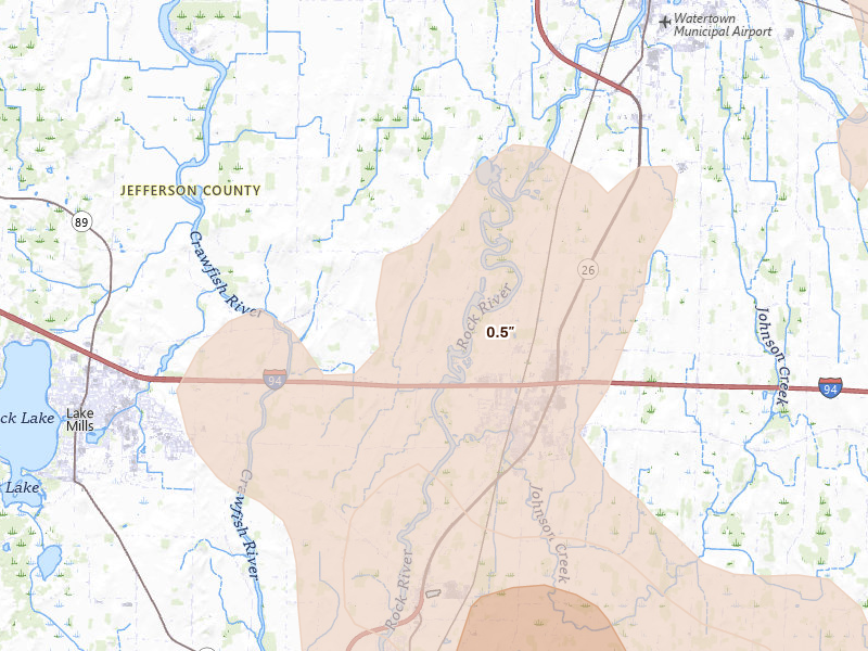 Radar-estimated hail-size map of the storm over Johnson Creek, WI on Jul 27, 2026