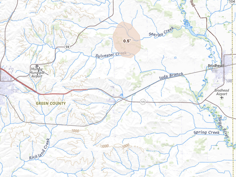 Radar-estimated hail-size map of the storm over Juda, WI on Jun 10, 2026