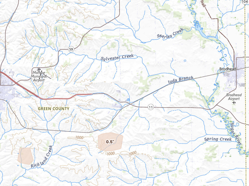 Radar-estimated hail-size map of the storm over Juda, WI on Jun 24, 2026