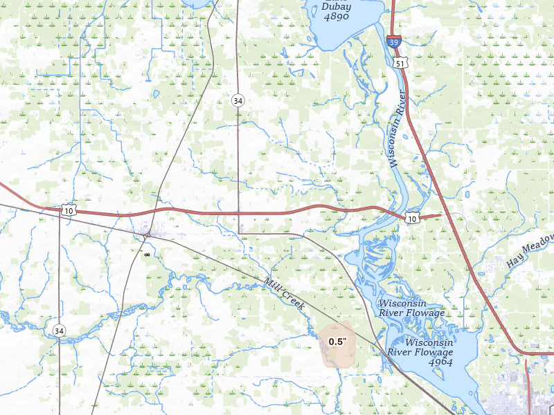 Radar-estimated hail-size map of the storm over Junction City, WI on Jun 10, 2026