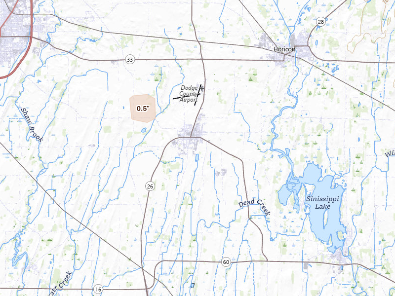 Radar-estimated hail-size map of the storm over Juneau, WI on May 17, 2026