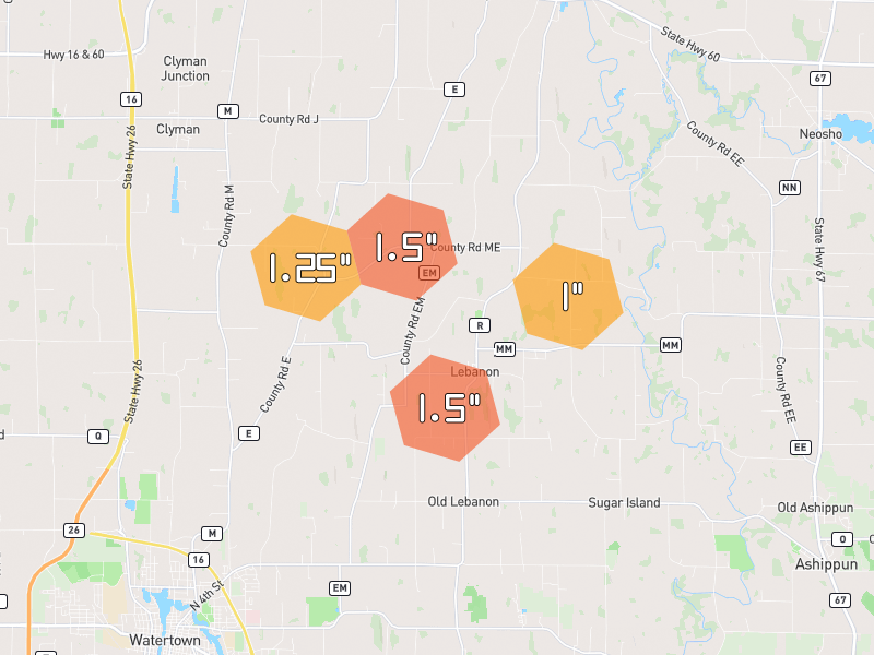 Hail map of Juneau, WI on Jul 2, 2026, hail up to 1.5"
