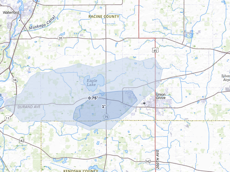 NEXRAD radar-signature map of the hail storm over Kansasville, WI on Jul 3, 2026