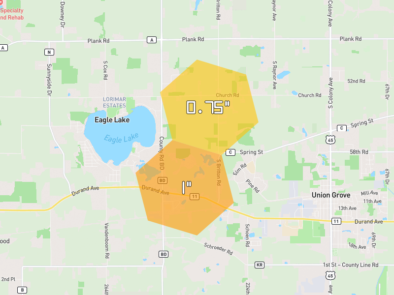 Hail map of Kansasville, WI on Jul 3, 2026, hail up to 1"
