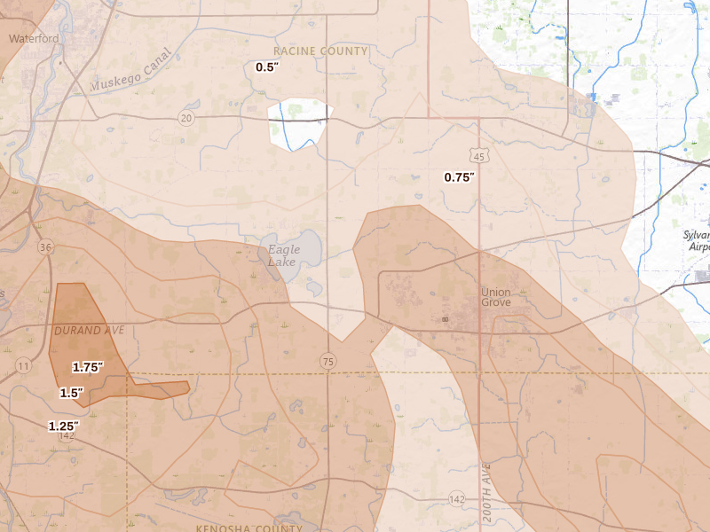 Radar-estimated hail-size map of the storm over Kansasville, WI on Jul 27, 2026