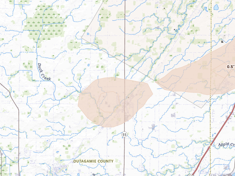 Radar-estimated hail-size map of the storm over Kaukauna, WI on Jun 16, 2026