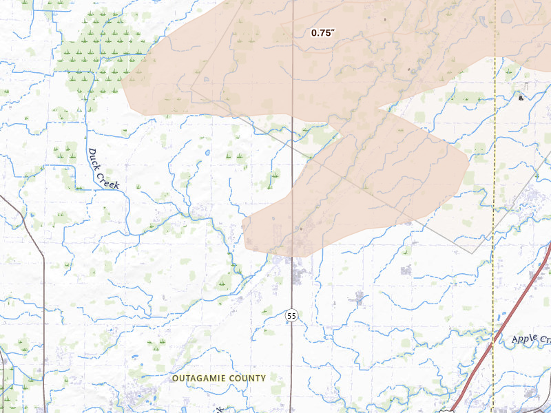 Radar-estimated hail-size map of the storm over Kaukauna, WI on Jun 30, 2026