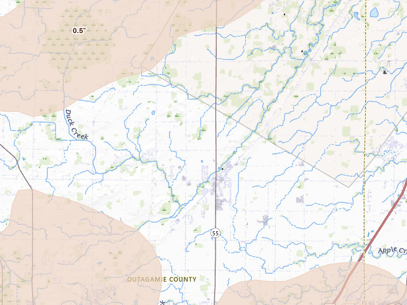 Radar-estimated hail-size map of the storm over Kaukauna, WI on Jul 1, 2026