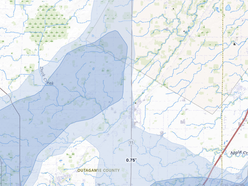 NEXRAD radar-signature map of the hail storm over Kaukauna, WI on Jul 1, 2026