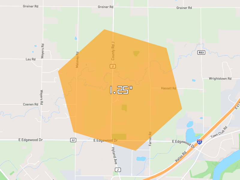 Hail map of Kaukauna, WI on Jul 1, 2026, hail up to 1.25"