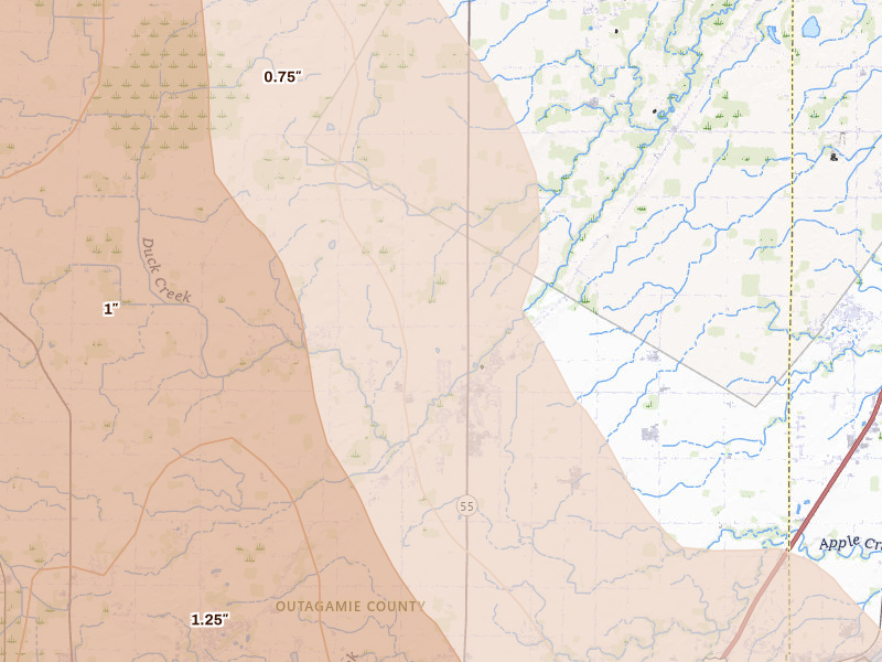 Radar-estimated hail-size map of the storm over Kaukauna, WI on Jul 27, 2026
