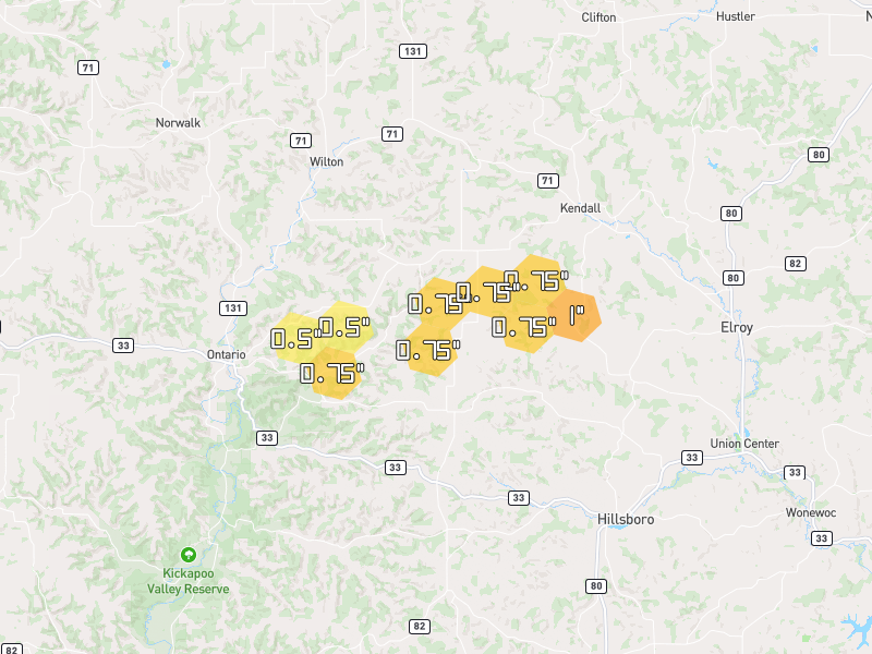 Hail map of Kendall, WI on Jul 1, 2026, hail up to 1"
