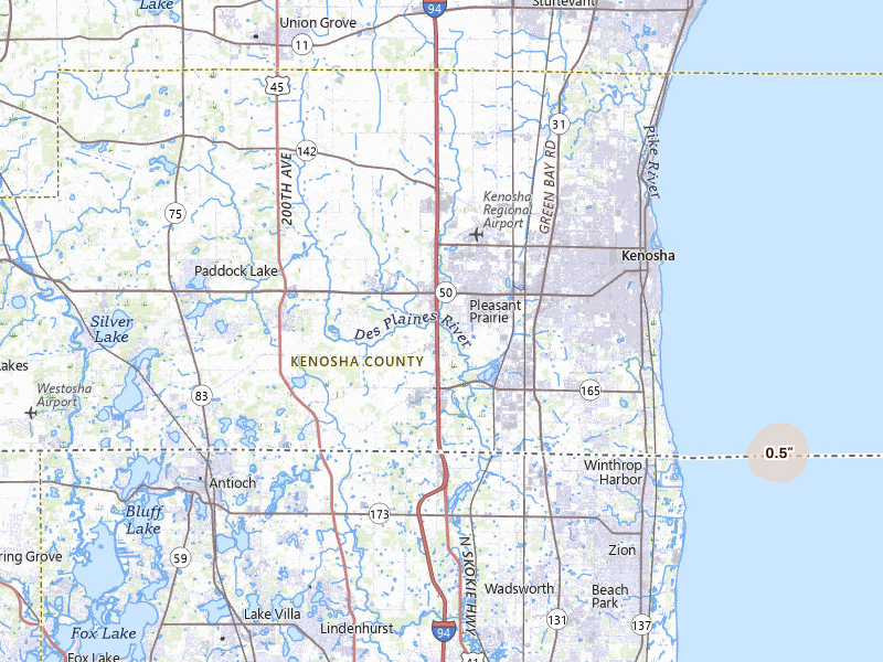 Radar-estimated hail-size map of the storm over Kenosha, WI on Jul 3, 2026