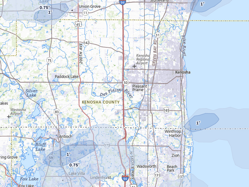 NEXRAD radar-signature map of the hail storm over Kenosha, WI on Jul 3, 2026