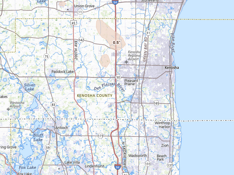 Radar-estimated hail-size map of the storm over Kenosha, WI on Jul 9, 2026