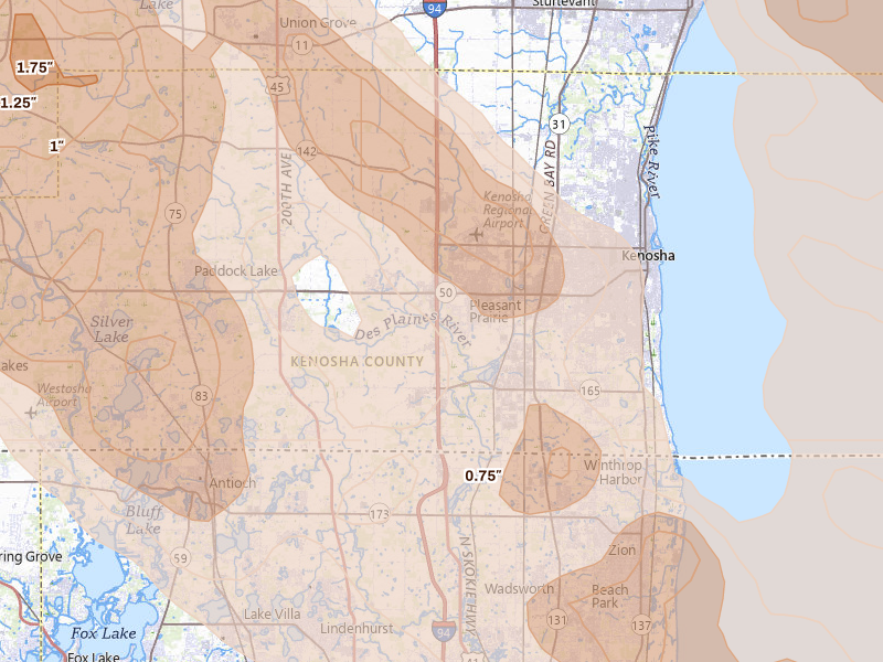 Radar-estimated hail-size map of the storm over Kenosha, WI on Jul 27, 2026