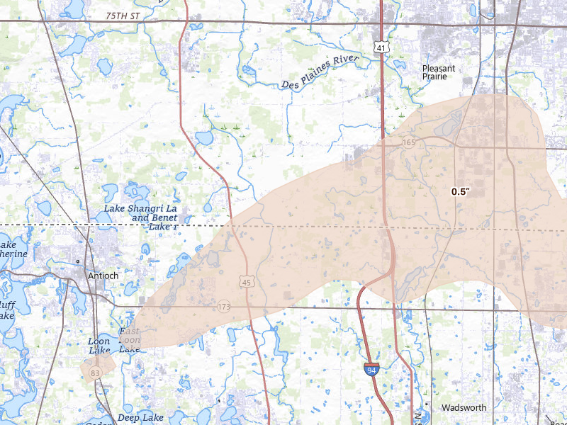 Radar-estimated hail-size map of the storm over Kenosha, WI on Aug 9, 2026
