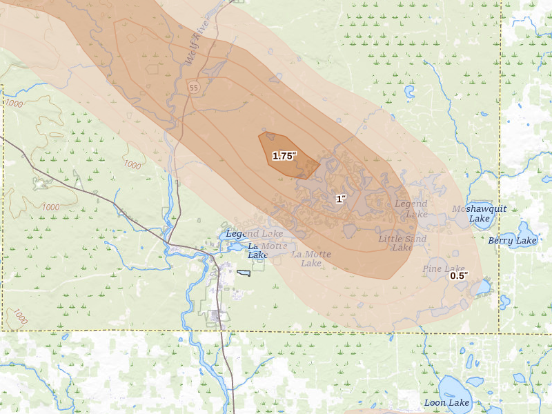 Radar-estimated hail-size map of the storm over Keshena, WI on Jun 24, 2026