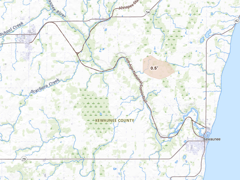 Radar-estimated hail-size map of the storm over Kewaunee, WI on Mar 30, 2026