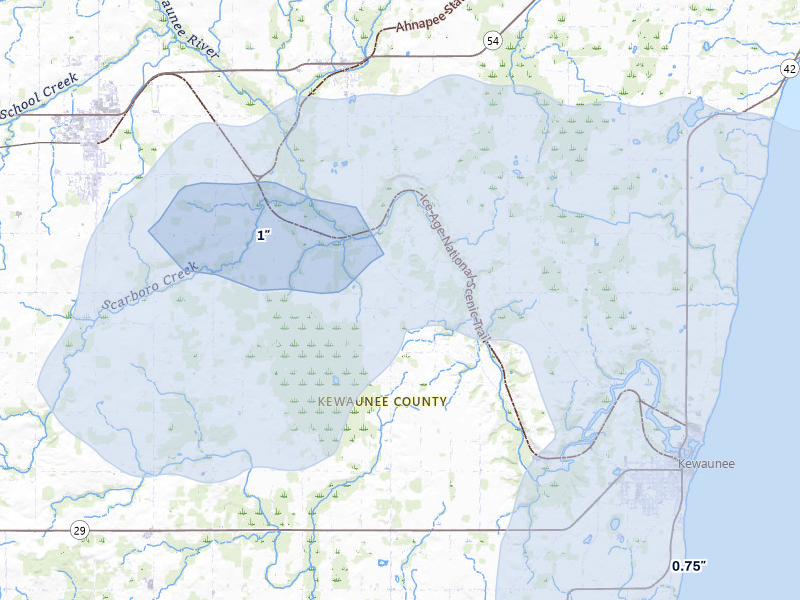 NEXRAD radar-signature map of the hail storm over Kewaunee, WI on Mar 30, 2026