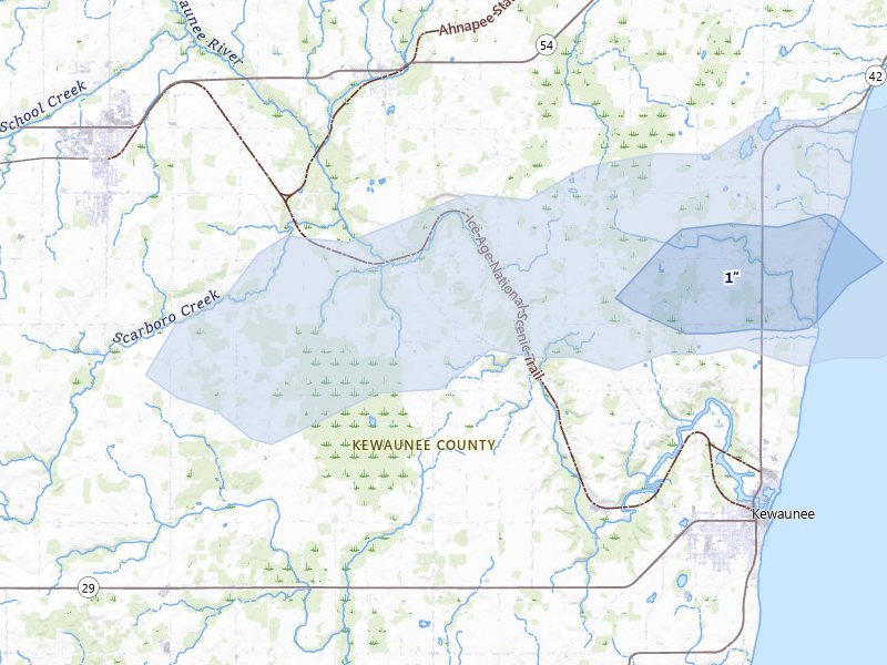 NEXRAD radar-signature map of the hail over Kewaunee, WI