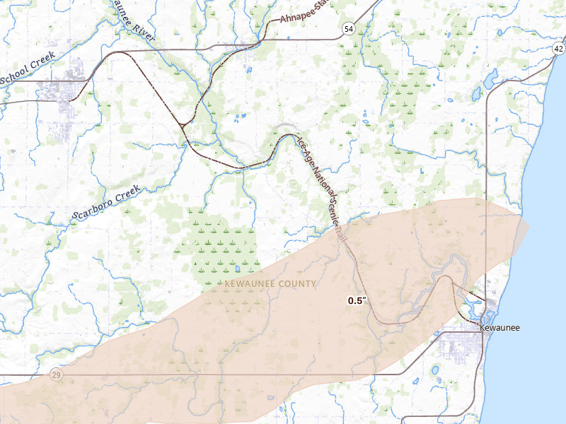 Radar-estimated hail-size map of the storm over Kewaunee, WI
