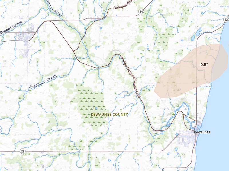 Radar-estimated hail-size map of the storm over Kewaunee, WI on Jun 10, 2026