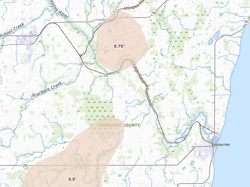 Radar-estimated hail-size map of the storm over Kewaunee, WI on Jun 16, 2026