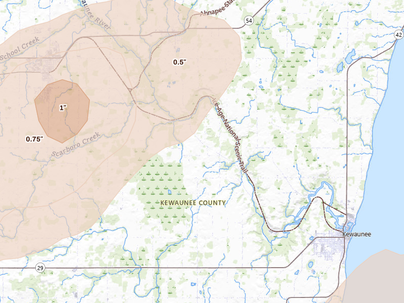 Radar-estimated hail-size map of the storm over Kewaunee, WI on Jun 30, 2026