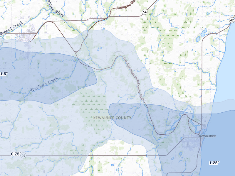 NEXRAD radar-signature map of the hail storm over Kewaunee, WI on Jun 30, 2026