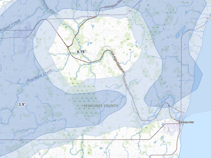 NEXRAD radar-signature map of the hail storm over Kewaunee, WI on Jul 1, 2026
