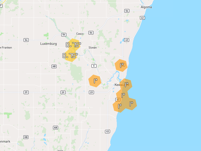Hail map of Kewaunee, WI on Jul 1, 2026, hail up to 1"