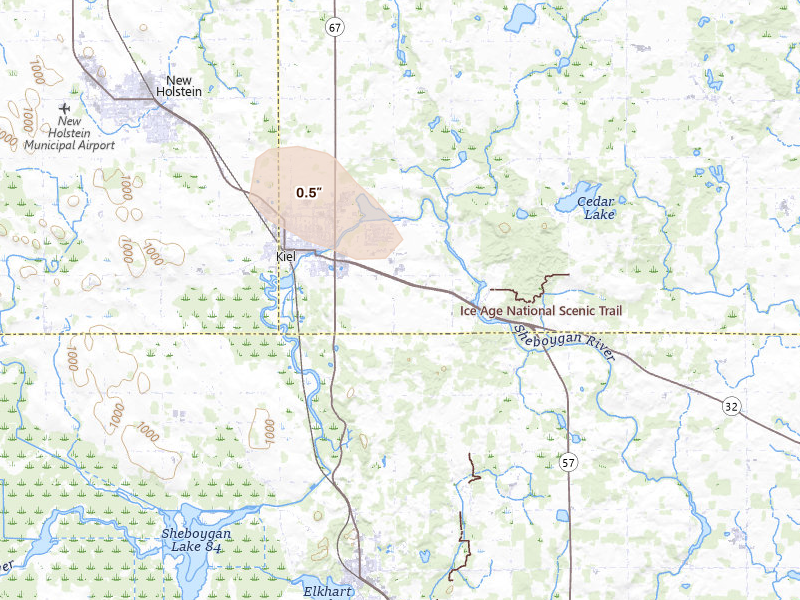 Radar-estimated hail-size map of the storm over Kiel, WI on Mar 30, 2026