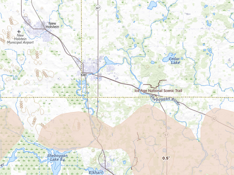 Radar-estimated hail-size map of the storm over Kiel, WI on Mar 31, 2026