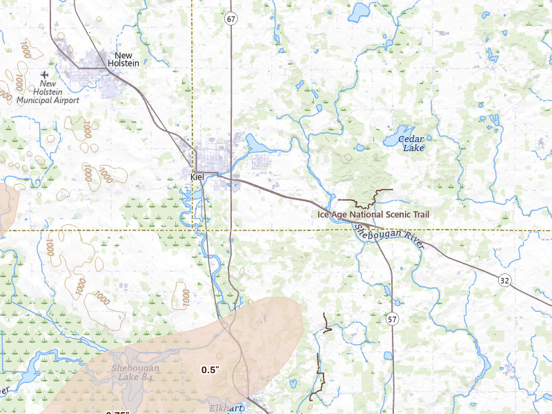 Radar-estimated hail-size map of the storm over Kiel, WI on Jul 1, 2026