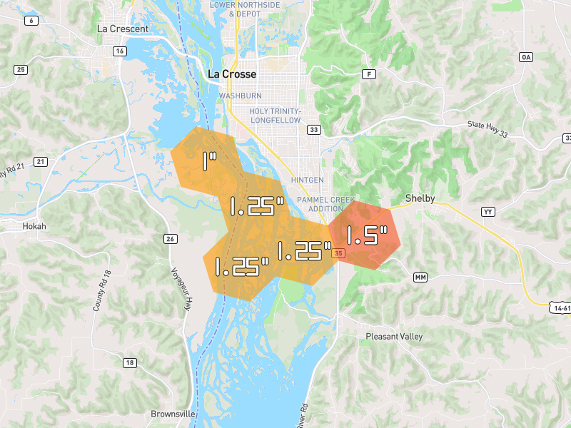 Hail map of La Crosse, WI on Jun 6, 2026, hail up to 1.5"