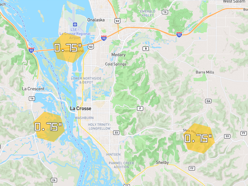 Hail map of La Crosse, WI on Jul 1, 2026, hail up to 0.75"